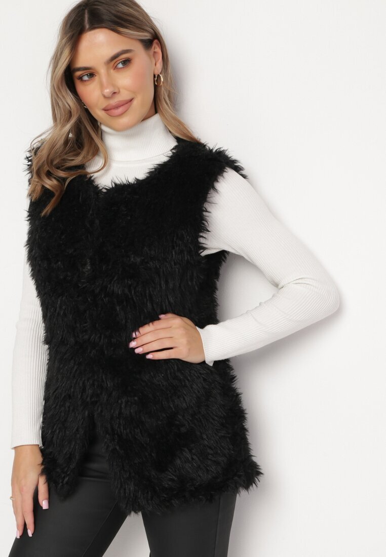 wool fashion Vestă Neagră De blană cu Centură Legată Nymiss