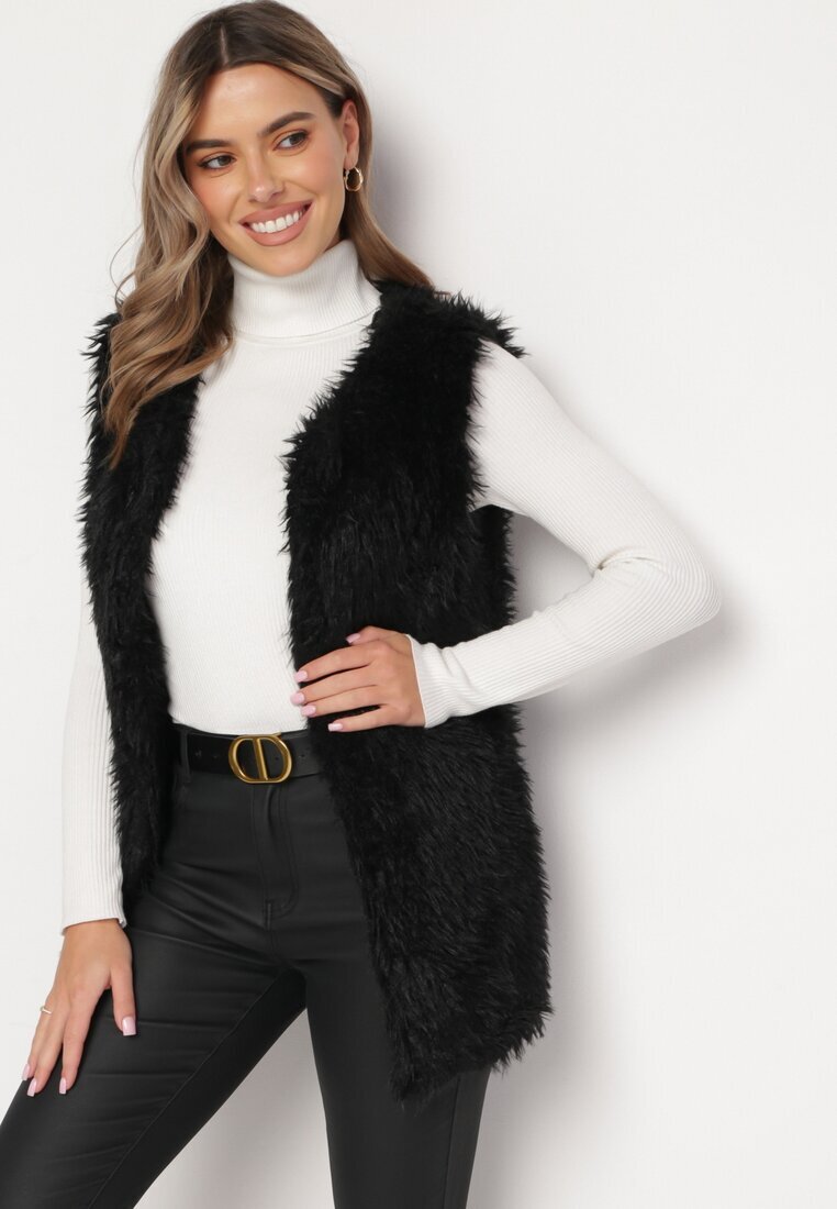 wool fashion Vestă Neagră De blană cu Centură Legată Nymiss