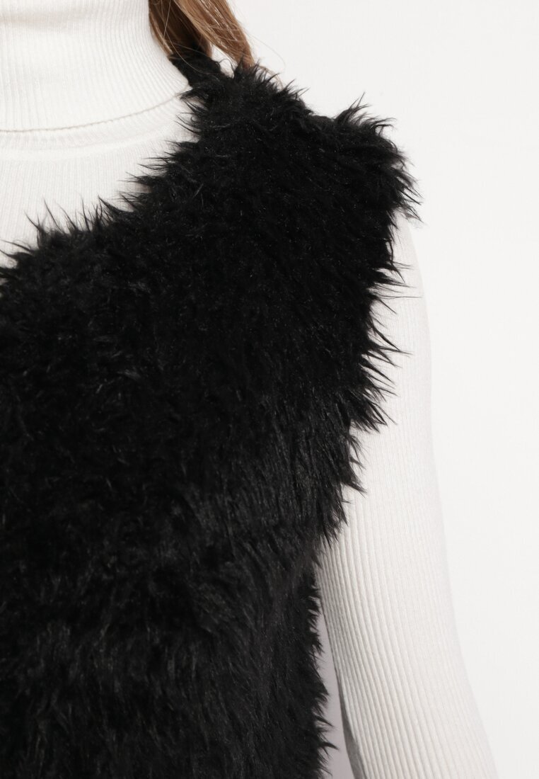 wool fashion Vestă Neagră De blană cu Centură Legată Nymiss