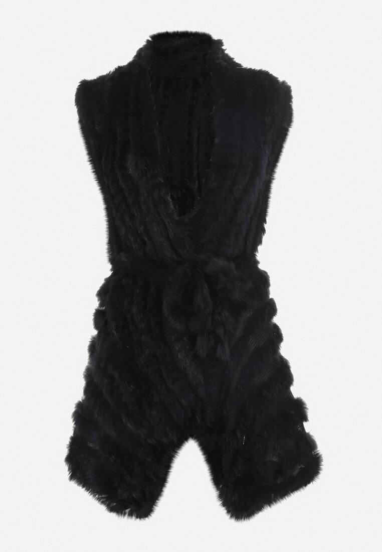 wool fashion Vestă Neagră De blană cu Centură Legată Nymiss