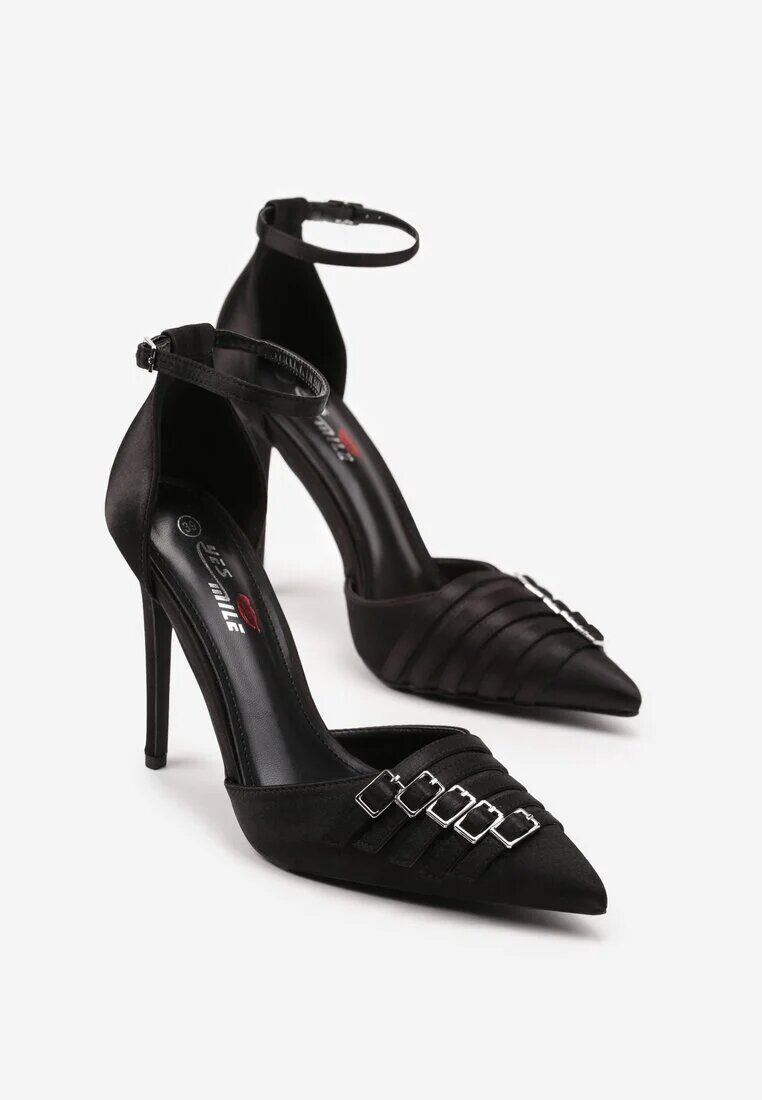 yesmile Pantofi stiletto negri din satin cu catarame decorative Liovirae