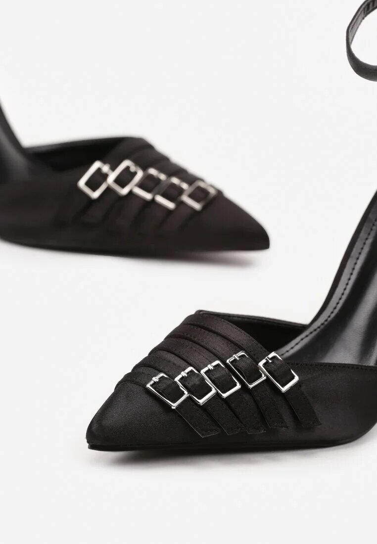 yesmile Pantofi stiletto negri din satin cu catarame decorative Liovirae