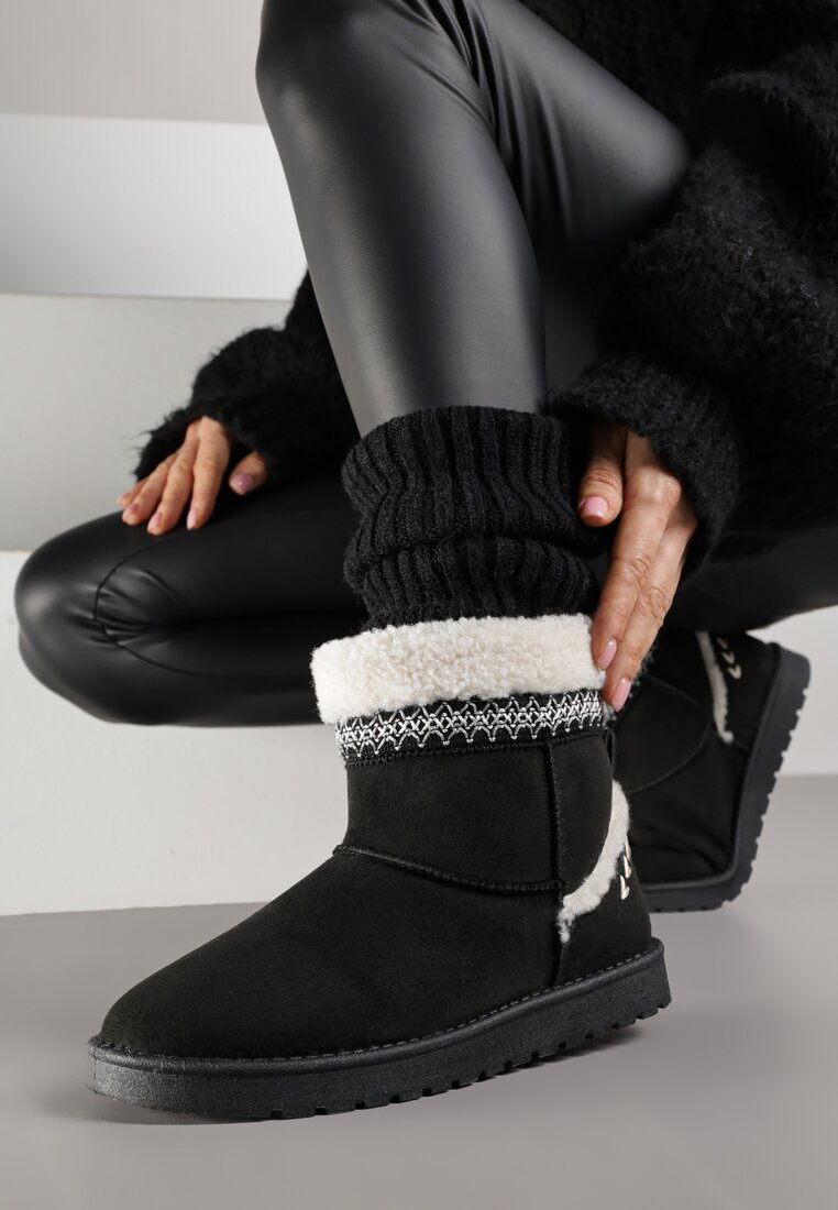 yolera Cizme de zăpadă Negre Slip-on decorate cu blană și broderie Mevittia