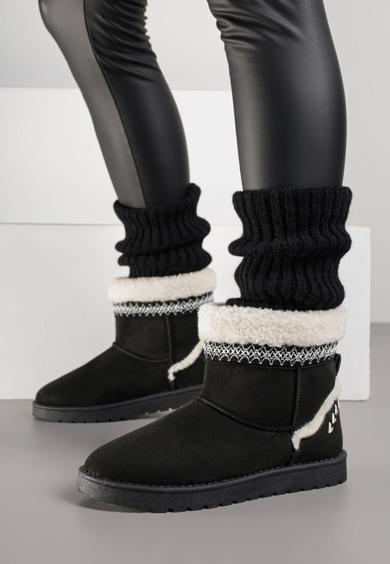 yolera Cizme de zăpadă Negre Slip-on decorate cu blană și broderie Mevittia