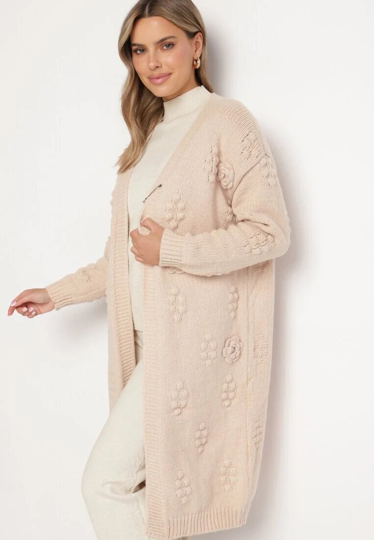 yu & me Cardigan Bej deschis fără închidere cu viscoză lână și relief Besita
