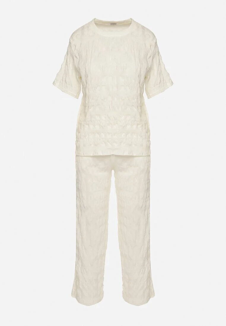 yu & me Compleu Alb din Țesătură Decorativă Tricou și Pantaloni Largi Devinas