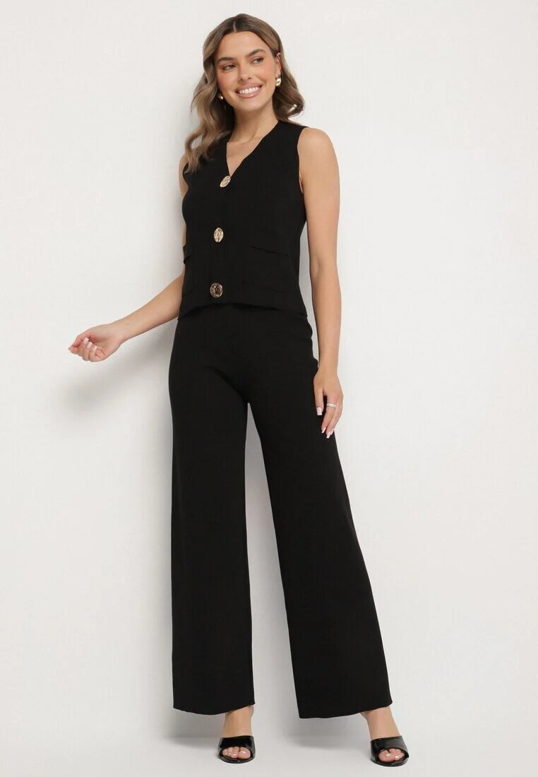 yu & me Compleu Negru Tricotat cu Vestă și Pantaloni Largi Weorina