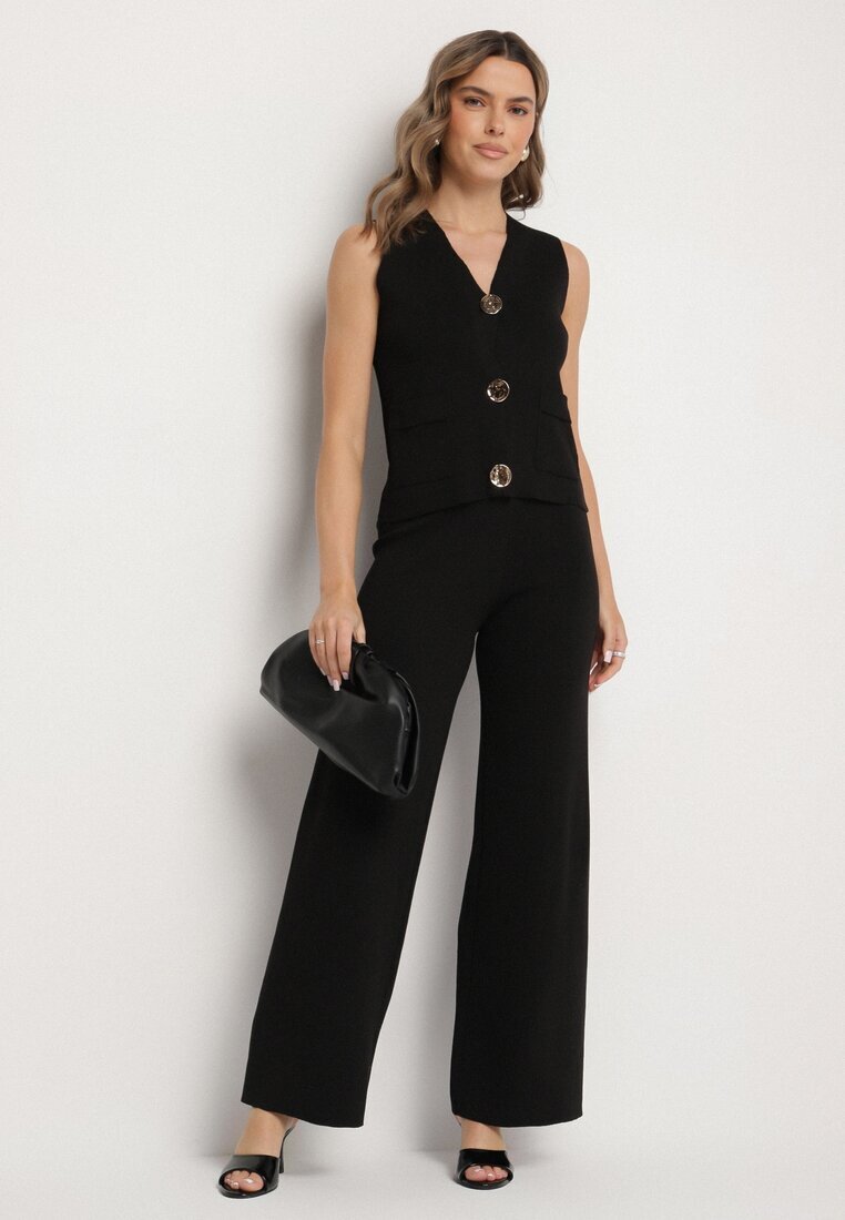 yu & me Compleu Negru Tricotat cu Vestă și Pantaloni Largi Weorina