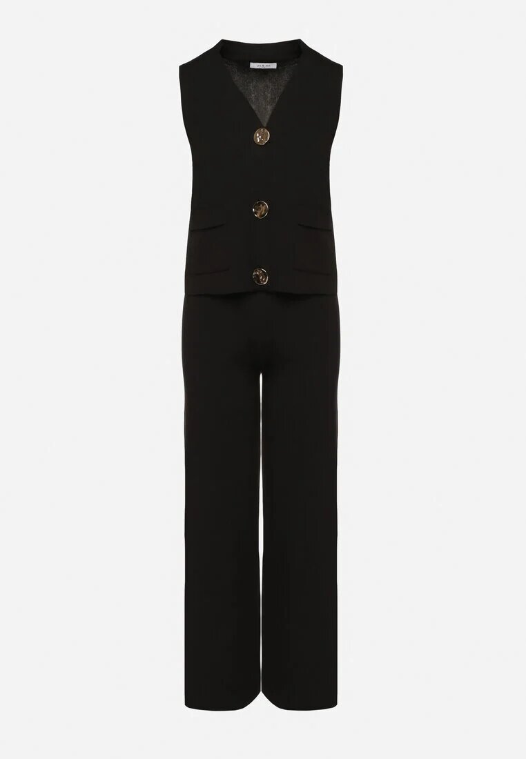 yu & me Compleu Negru Tricotat cu Vestă și Pantaloni Largi Weorina