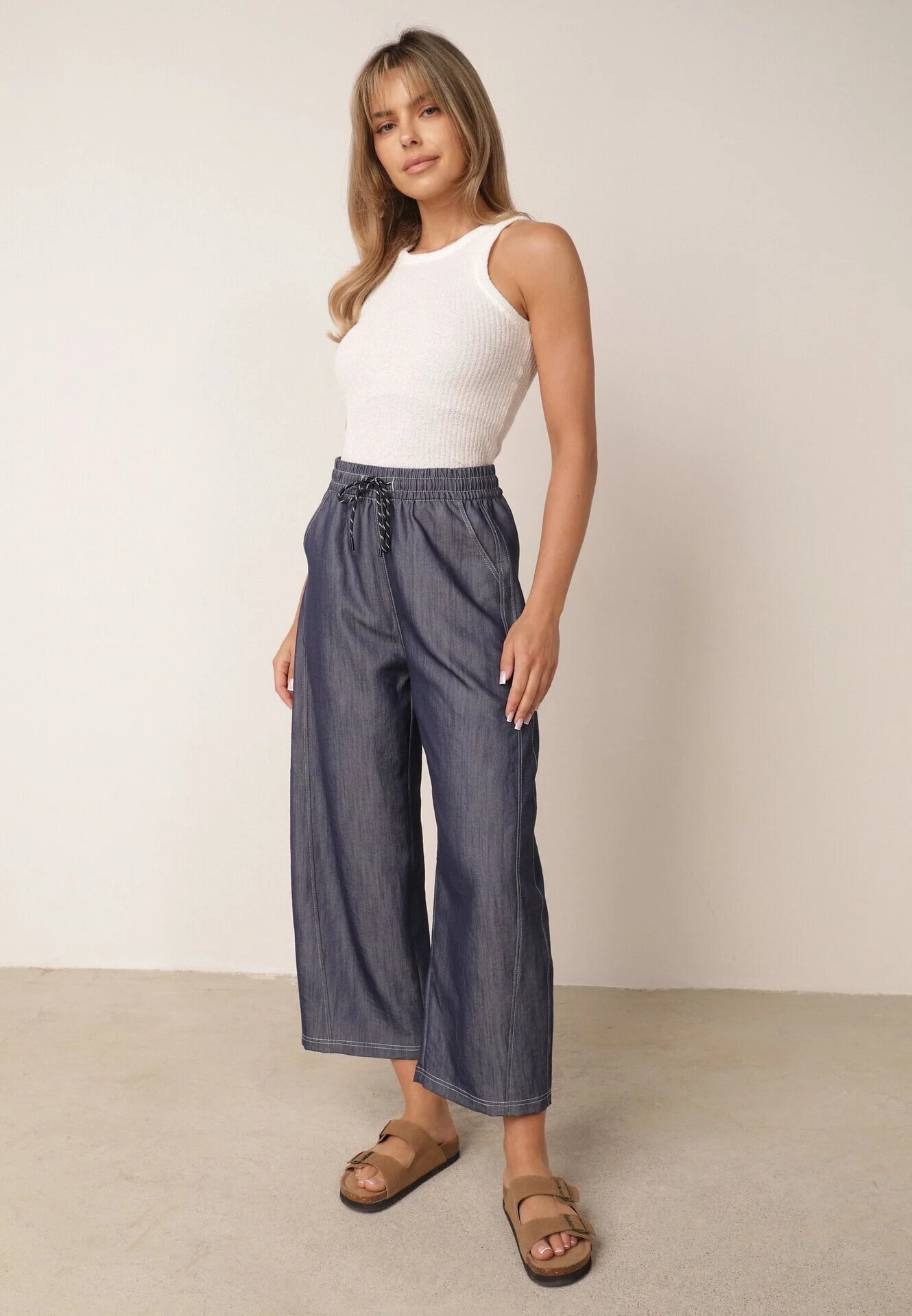 yu & me Pantaloni Casual cu croială Barrel cu talie înaltă și șnur în talie Kosma Albaștri