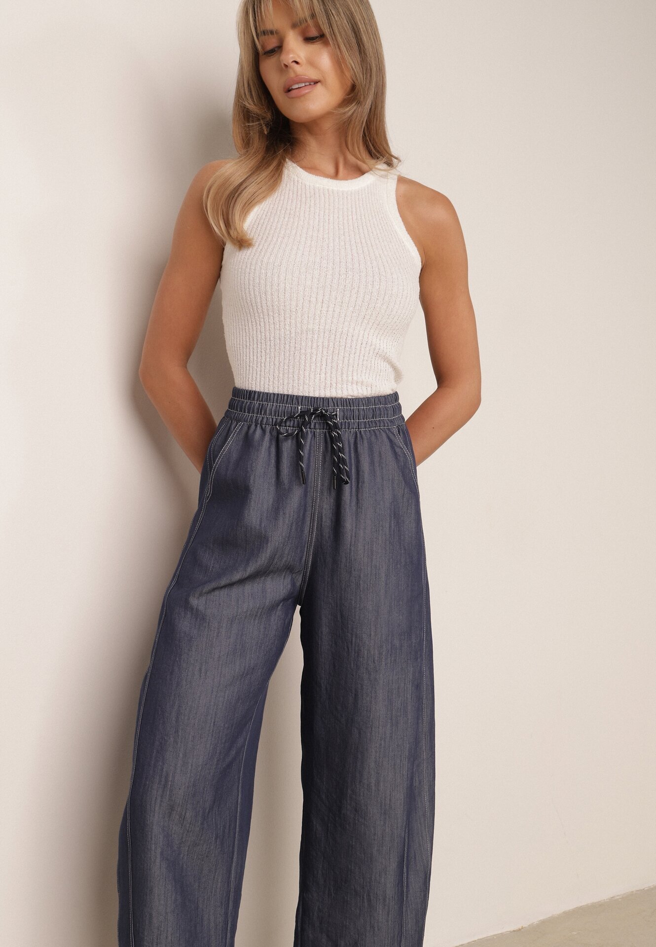 yu & me Pantaloni Casual cu croială Barrel cu talie înaltă și șnur în talie Kosma Albaștri
