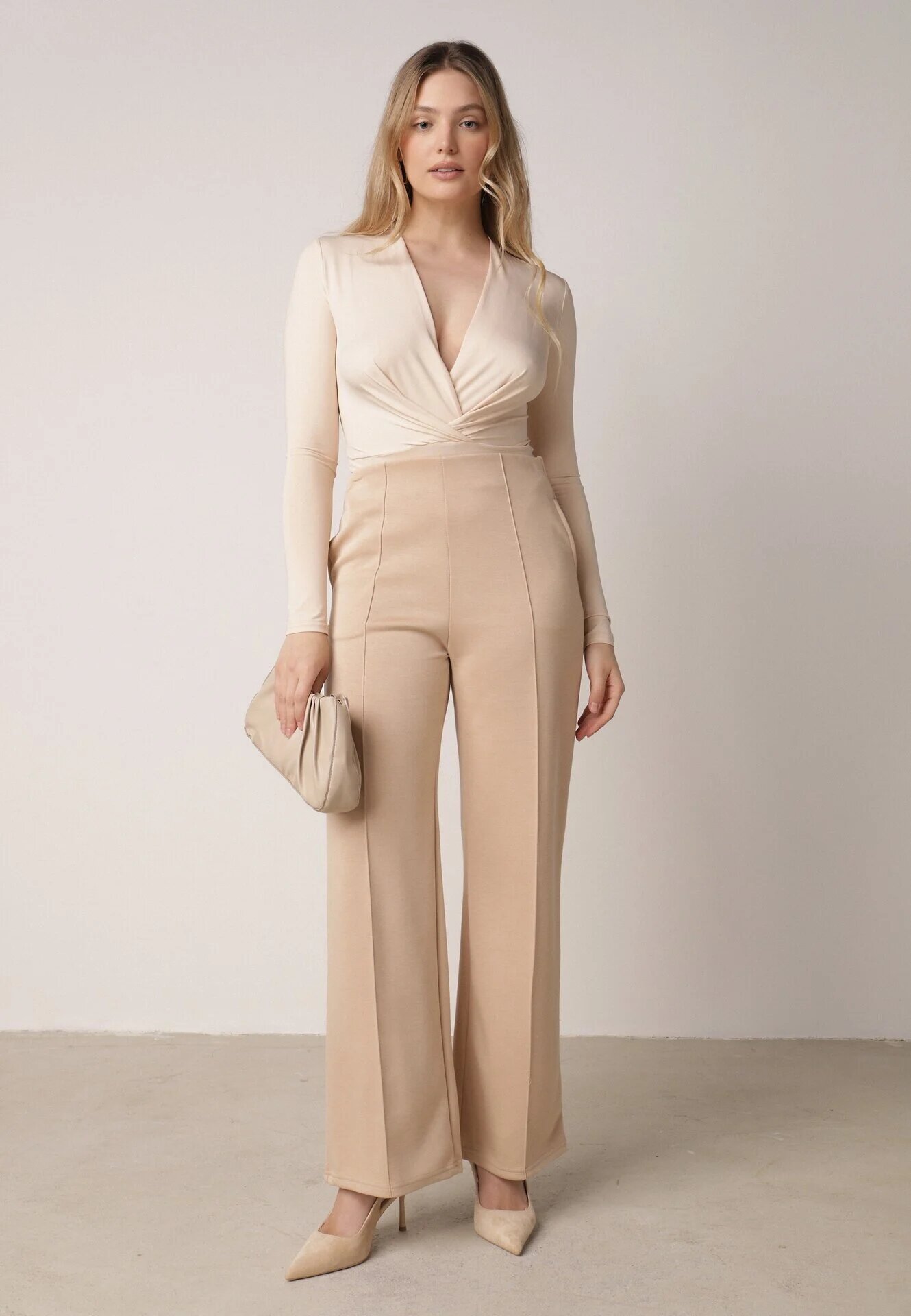 yu & me Pantaloni Eleganti Bej din Bumbac și Viscoză cu dungă Valelia