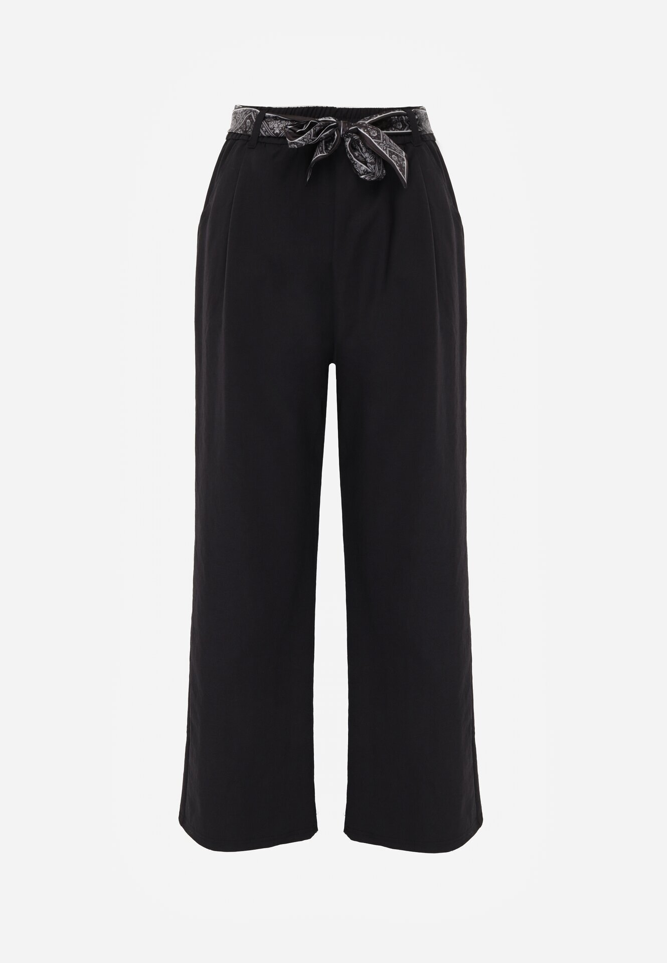 yu & me Pantaloni Eleganți Negri din Bumbac și Viscoză cu Curea-Eșarfă din Material Vetina