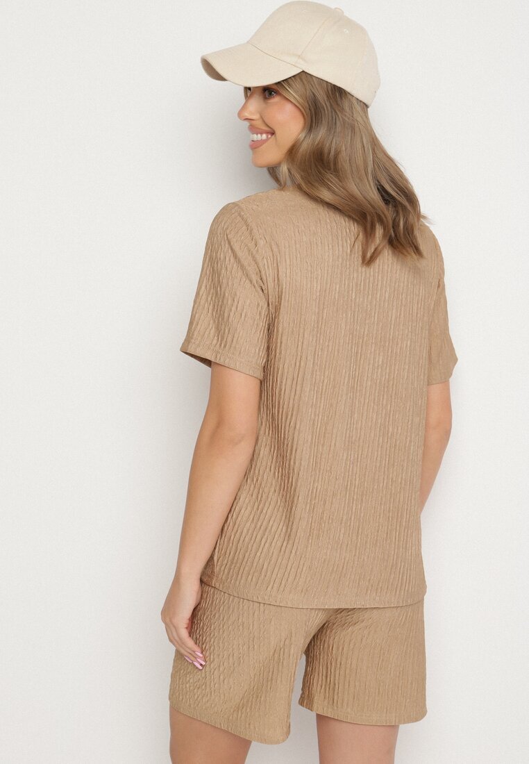 yu & me Set Bej Tricou și Pantaloni scurți cu Model în relief Halinnaia