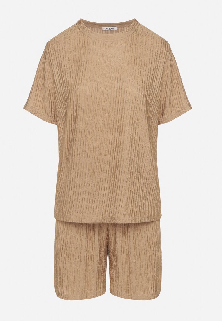 yu & me Set Bej Tricou și Pantaloni scurți cu Model în relief Halinnaia