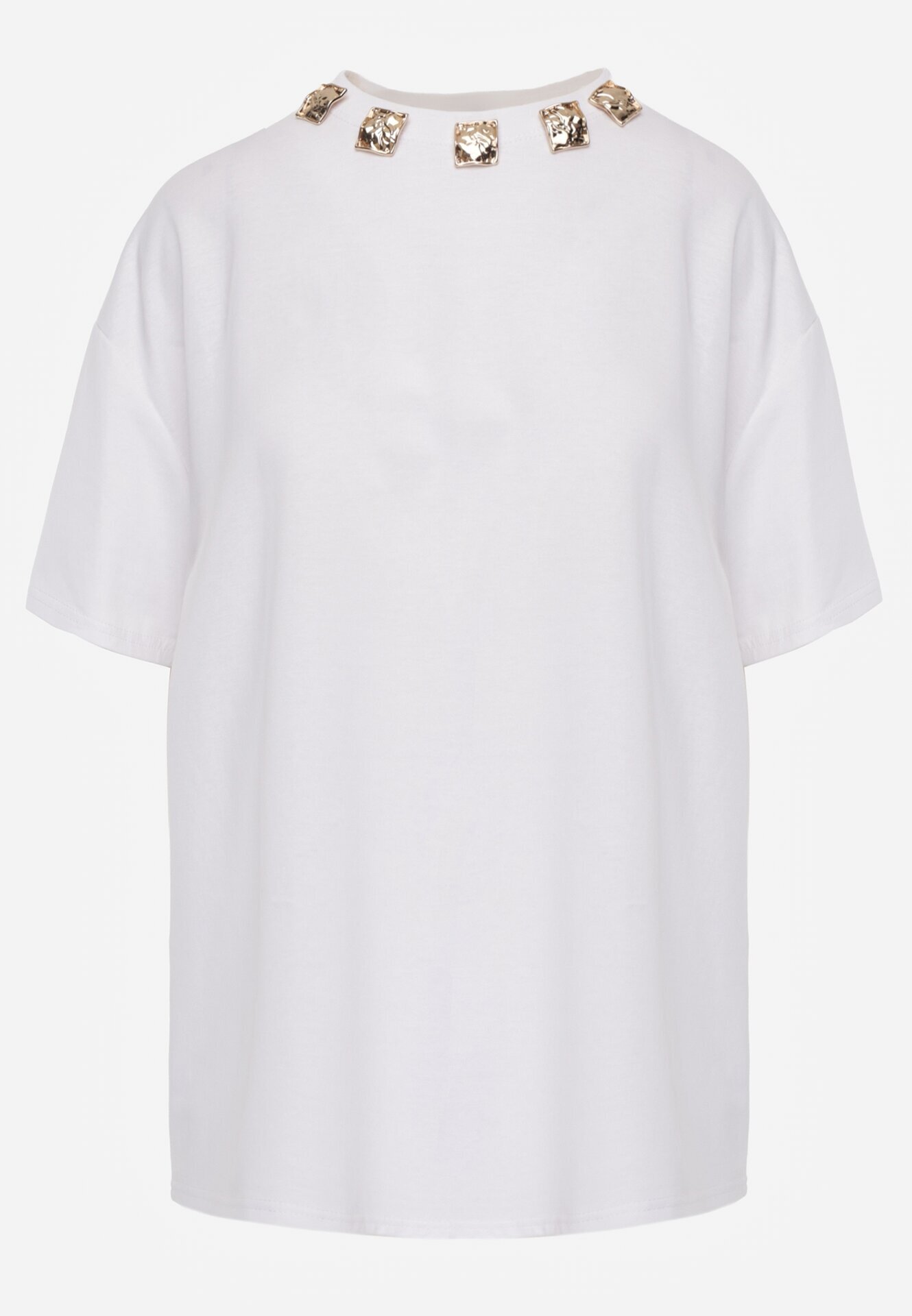 yu & me T-shirt oversize din bumbac cu aplicații bijuterii la decolteu Tesana Alb