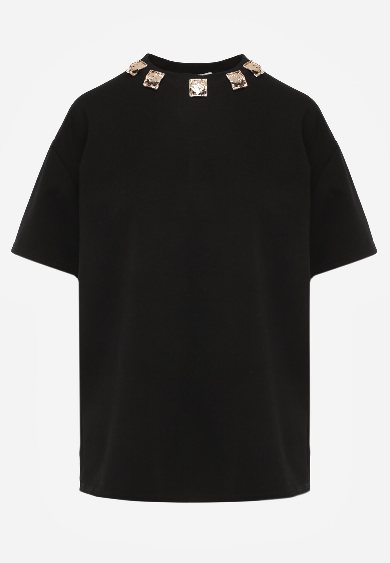 yu & me T-shirt oversize din bumbac cu aplicații bijuterii la decolteu Tesana Negru