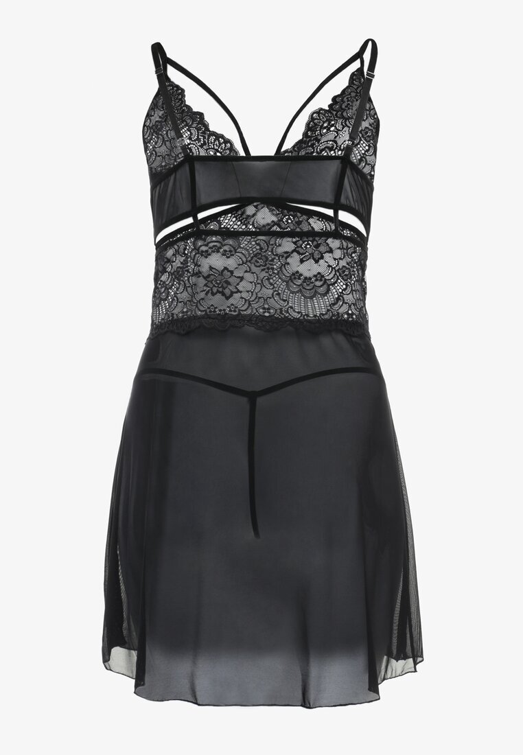 yuna Cămașă de noapte Negru Din dantelă cu Decupaje și Chiloți tanga Jaxciee