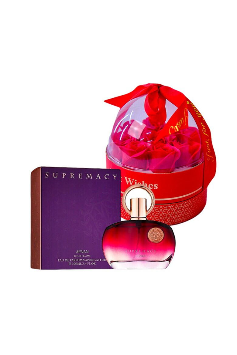 Afnan Set cadou Joy Together Apa de parfum Supremacy Purple 100 ml + cutie cu trandafiri de sapun in cupola si lantic cu pandativ - Pled.ro