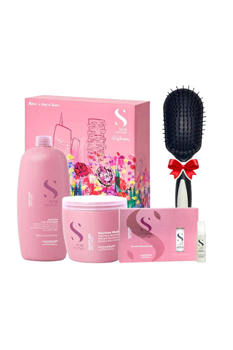 Alfaparf Set Semi Di Lino Moisture Nutritive cu 1000 ml Sampon + 500 ml Masca + 6 fiole x 13 ml Ulei + Perie par - Pled.ro