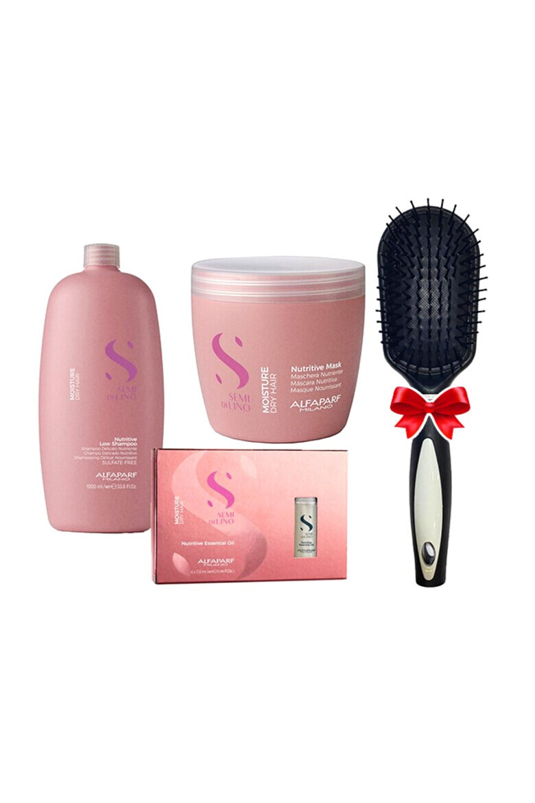 Alfaparf Set Semi Di Lino Moisture Nutritive cu 1000 ml Sampon + 500 ml Masca + 6 fiole x 13 ml Ulei + Perie par - Pled.ro