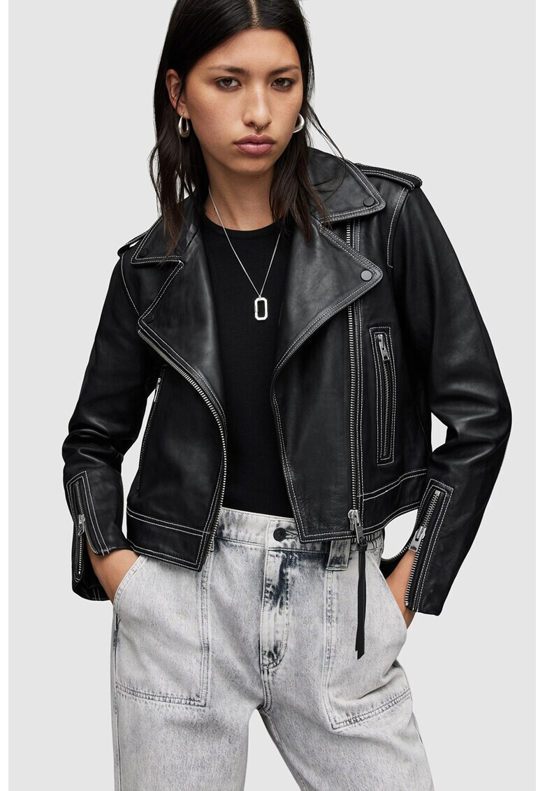 AllSaints Jacheta biker crop din piele cu cusaturi contrastante - Pled.ro