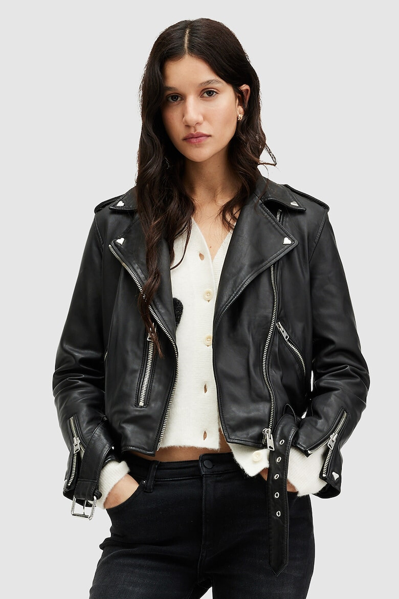 AllSaints Jacheta biker din piele cu tinte Balfern Heart - Pled.ro