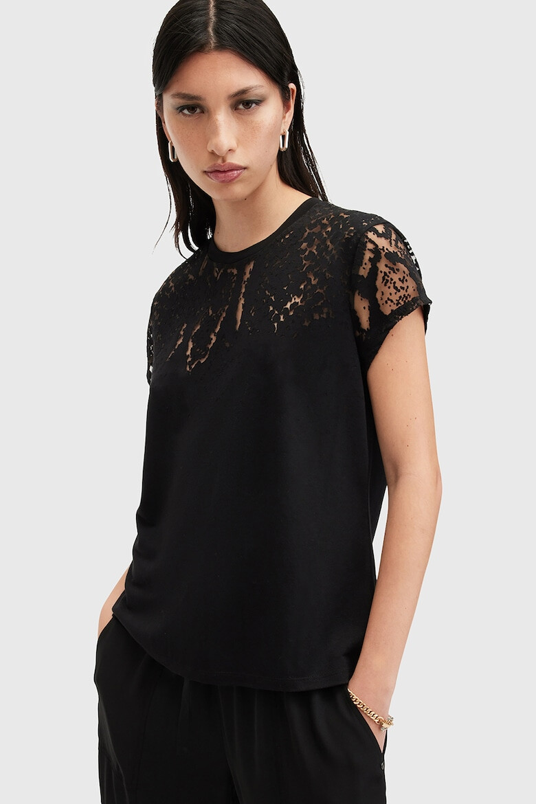 AllSaints Tricou cu decolte la baza gatului si accente semi-transparente - Pled.ro