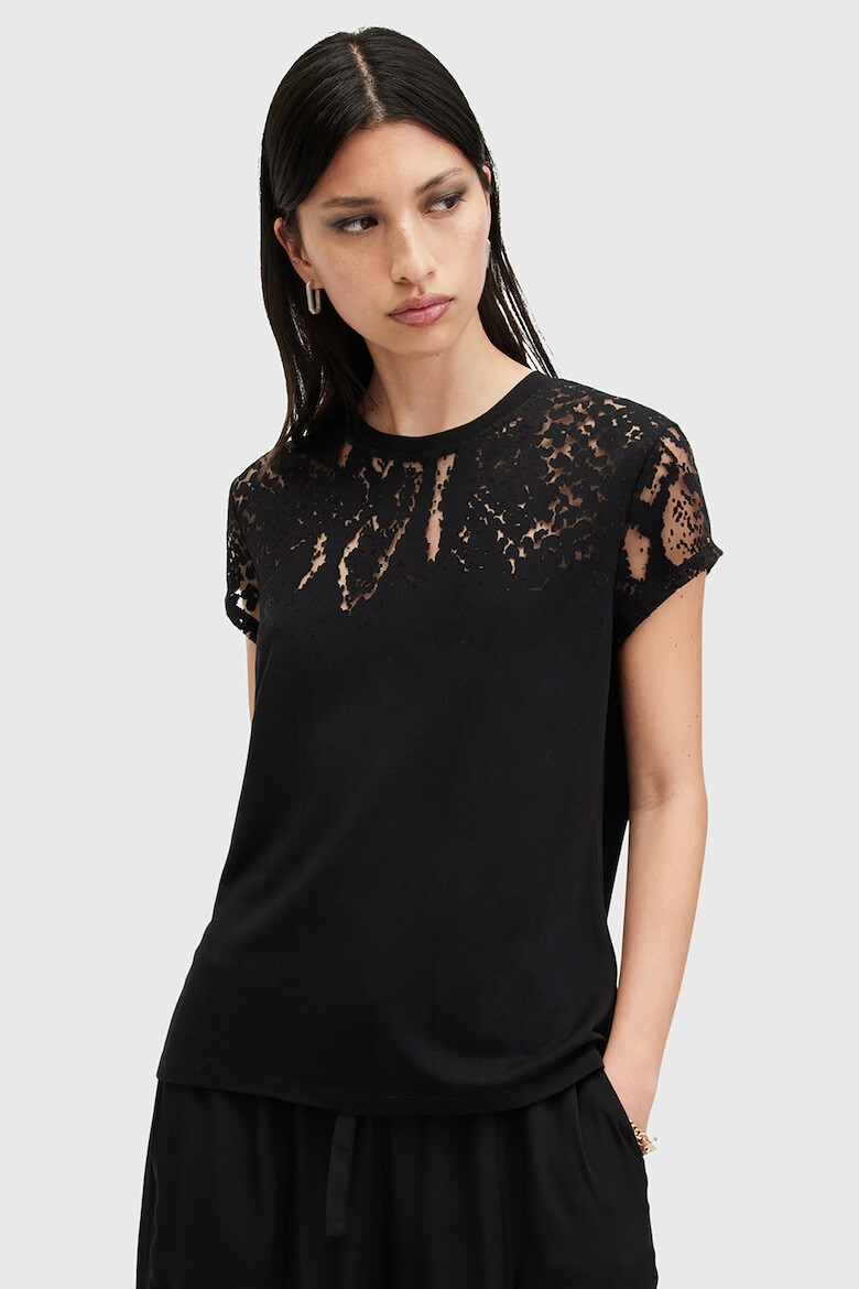 AllSaints Tricou cu decolte la baza gatului si accente semi-transparente - Pled.ro