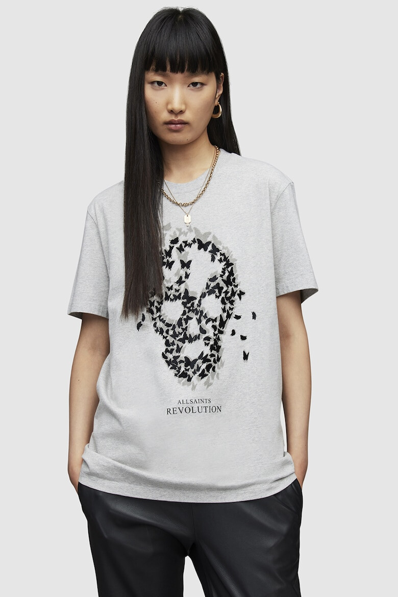 AllSaints Tricou de bumbac organic cu imprimeu cu craniu si logo Omnia - Pled.ro