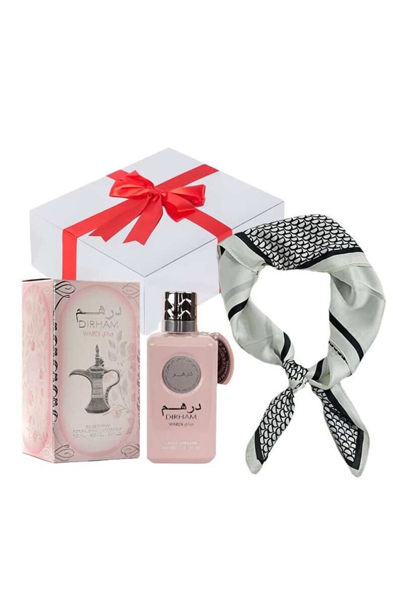 Ard Al Zaafaran Set Essence&Shawl Apa de parfum Dirham Wardi 100 ml + esarfa satinata + cutie cadou cu funda - Pled.ro