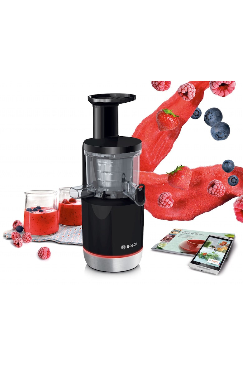 BOSCH Storcator de fructe cu melc 150W 55 RPM 3 filtre smoothies si sorbet Melc din Tritan Reverse DripStop Negru - Pled.ro