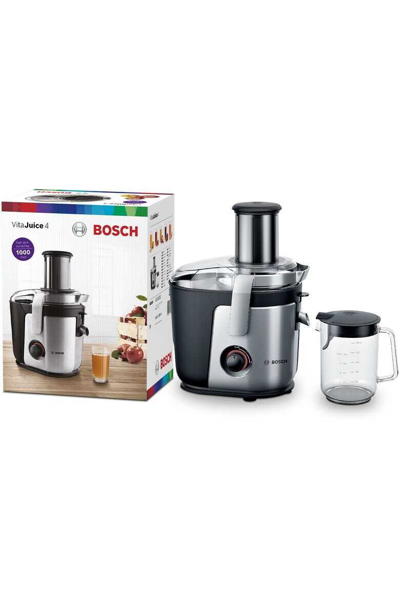 BOSCH Storcator de fructe si legume 1000 W recipient suc 1.5 l recipient pulpa 3 l 2 viteze tub de alimentare 84 mm argintiu/ negru - Pled.ro