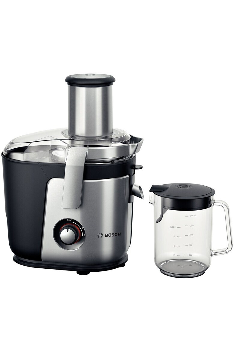 BOSCH Storcator de fructe si legume 1200 W Recipient suc 1.5 l Recipient pulpa 3 l 3 Viteze Tub de alimentare 84 mm Argintiu/Negru - Pled.ro