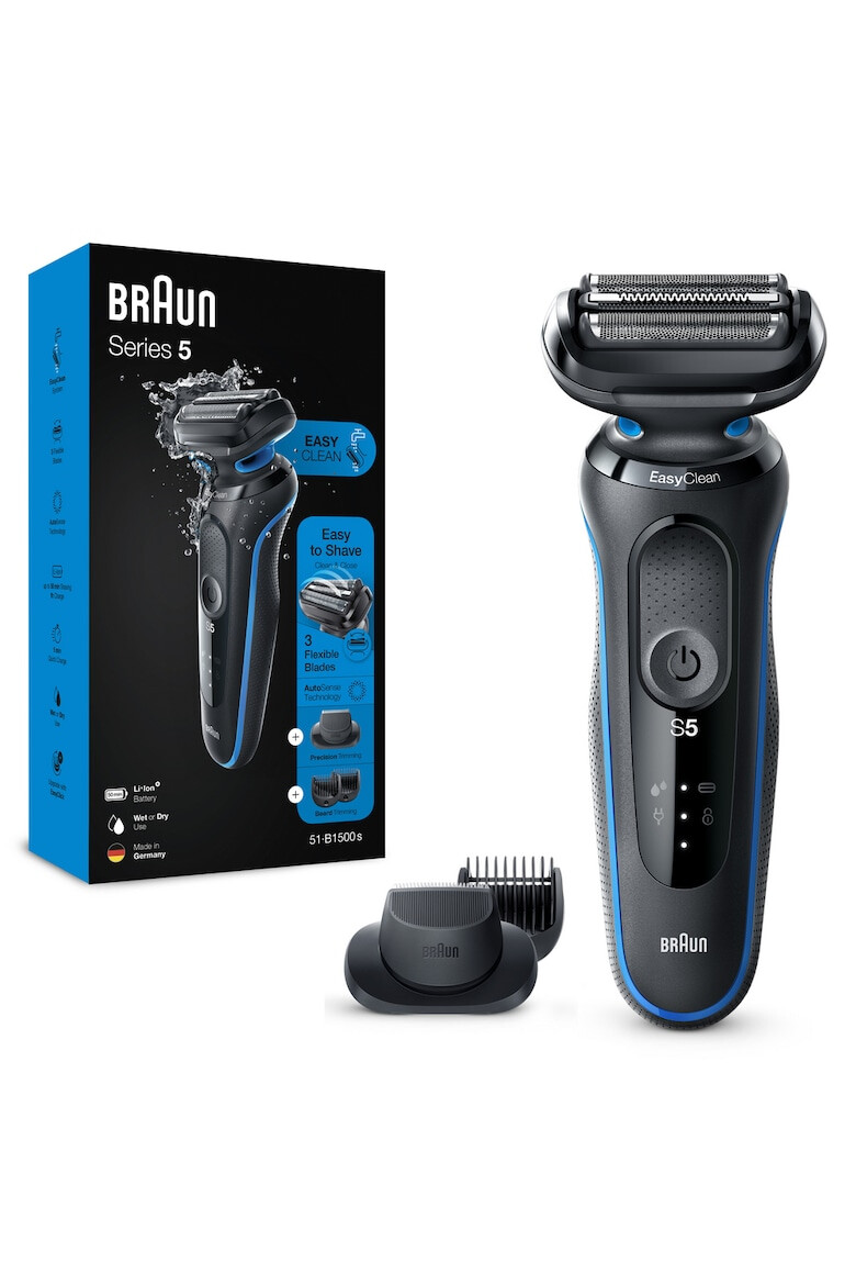 Braun Aparat de ras electric Series 5 51-B4650cs Wet&Dry AutoSense EasyClean 3 elemente de taiere accesorii pentru barba si ingrijire corporala Statie de incarcare Negru/Albastru - Pled.ro