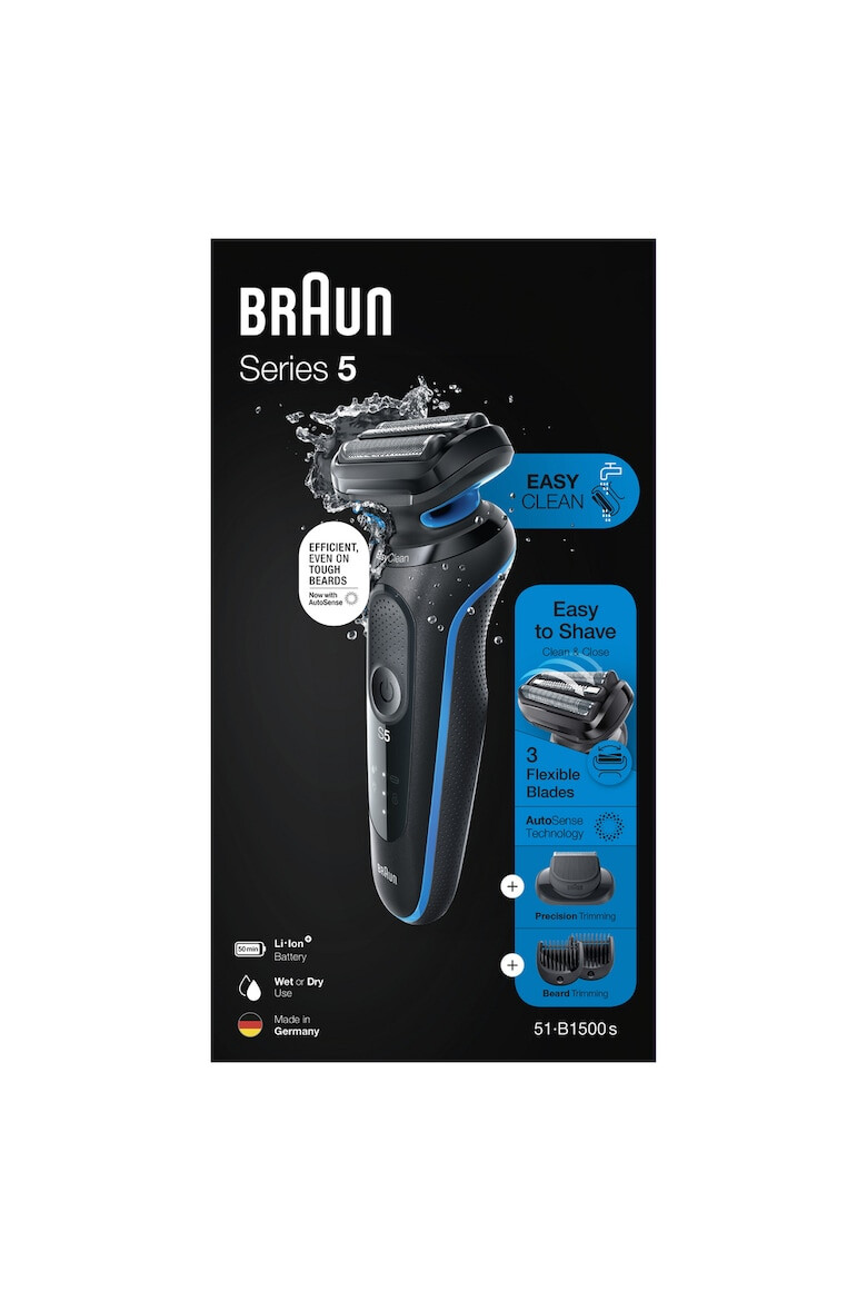 Braun Aparat de ras electric Series 5 51-B4650cs Wet&Dry AutoSense EasyClean 3 elemente de taiere accesorii pentru barba si ingrijire corporala Statie de incarcare Negru/Albastru - Pled.ro