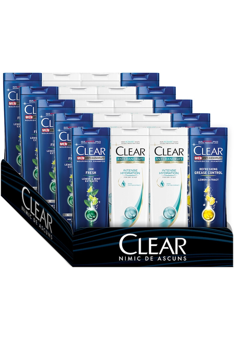 Clear Set Men & Women Sampon x 22 buc: 8 x Women Shampoo Intense Hydration 400ml 7 x Men Shampoo 24H Fresh 400ml 7 x Men Shampoo Refreshing Grease Control 400ml - Pled.ro