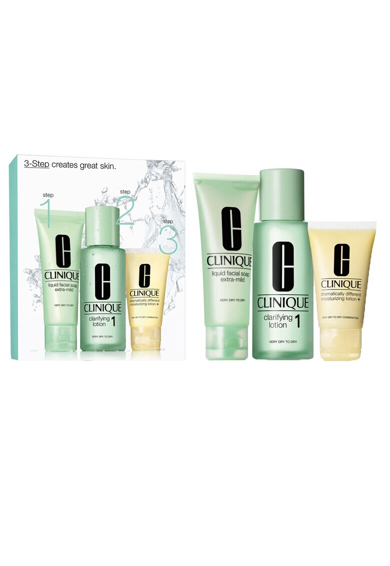 Clinique Set 3 Steps: Sapun lichid pentru fata 50 ml + Lotiune exfolianta 100 ml + Lotiune hidratanta 30 ml - Pled.ro