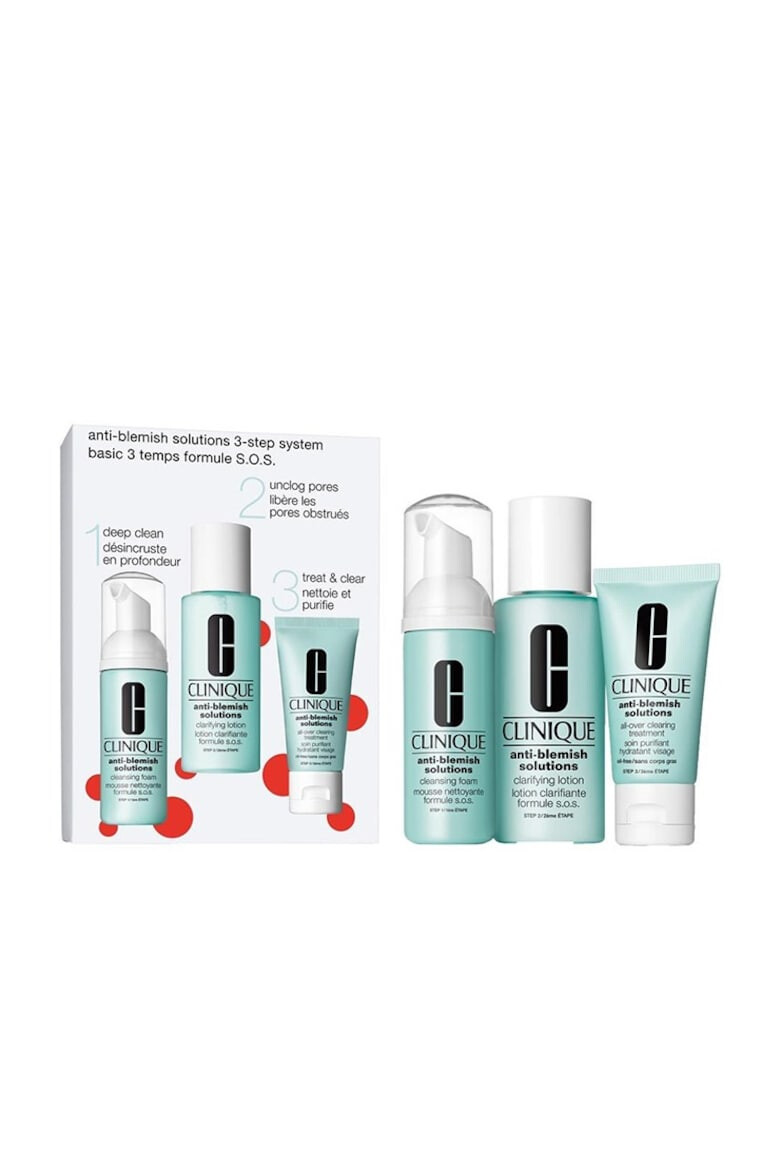 Clinique Set cadou Anti-Blemish 3 step Skin Care System: Spuma de curatare 50 ml + Lotiune de curatare 100 ml + Crema hidratanta 30 ml - Pled.ro