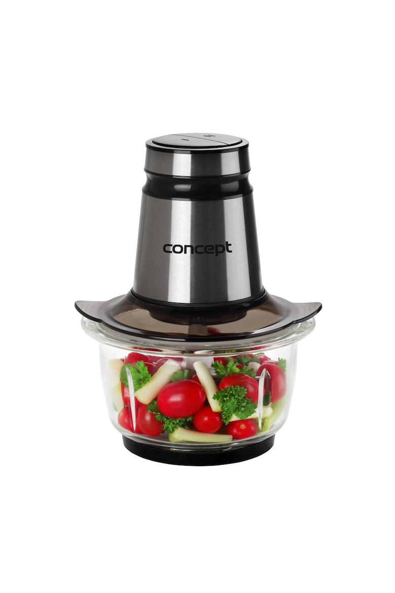 Concept Tocator legume si fructe putere 500 W doua trepte de viteza capacitate recipient sticla 1.2 litri cutit dublu material lame inox culoare negru/argintiu - Pled.ro