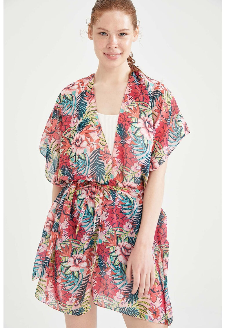 DeFacto Kimono din sifon cu maneci scurte si model tropical - Pled.ro