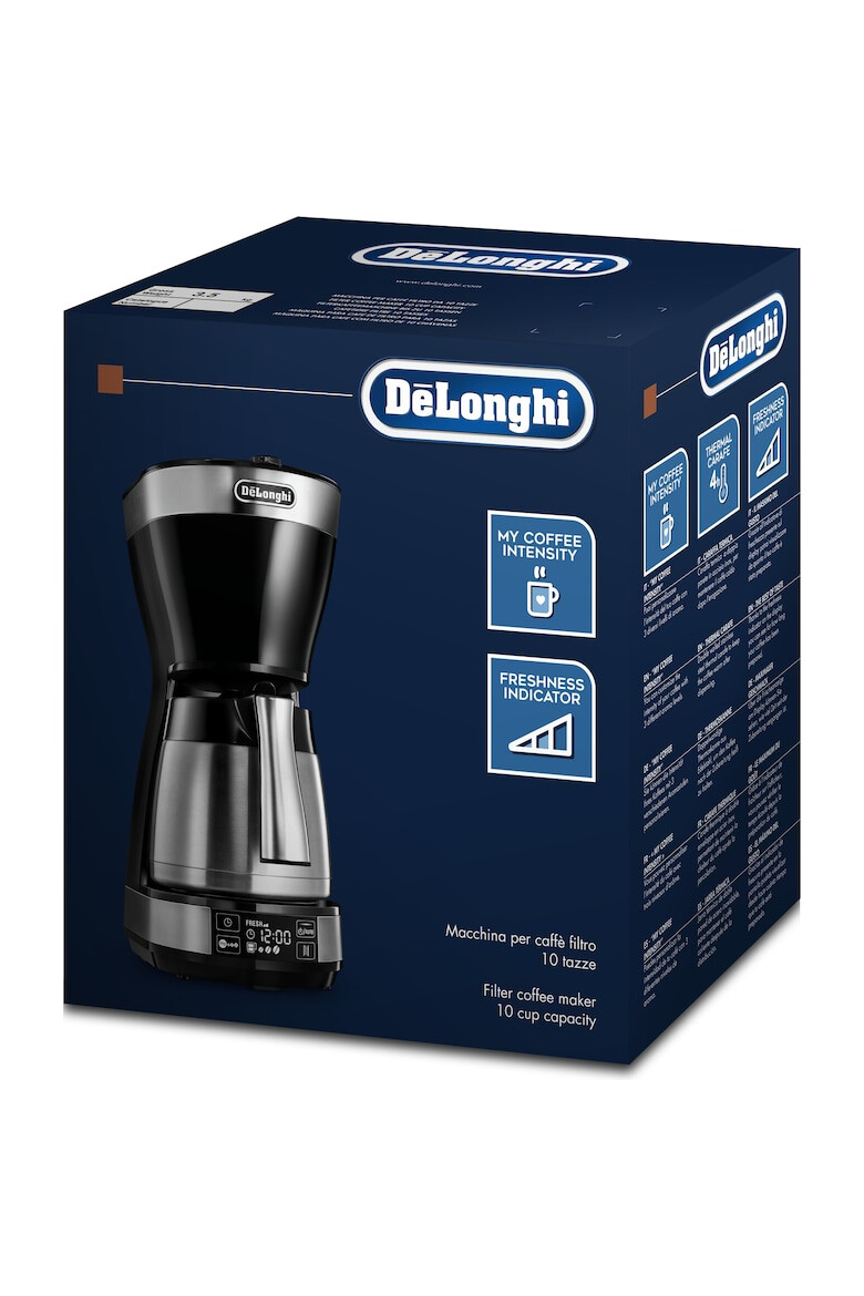 DeLonghi Cafetiera De’Longhi ICM16731 1200W Carafa termica din otel inoxidabil Capacitate 1.25 L 10 cesti Ecran LCD Timer Selector Aroma Sistem anti-picurare Oprire automata Inox/Negru - Pled.ro