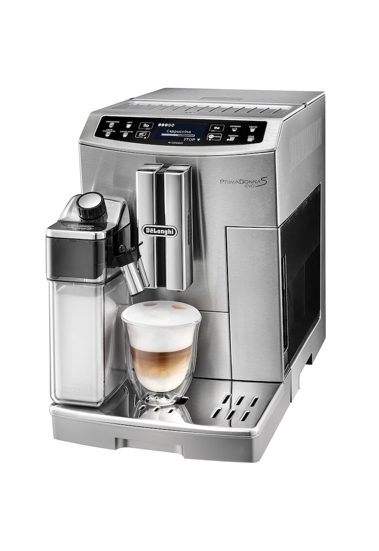 DeLonghi Espressor automat De’Longhi PrimaDonna S Evo Carafa pentru lapte Sistem LatteCrema Rasnita cu 13 setari Coffee Link App 1450 W 1.8 L 15 bar Argintiu - Pled.ro