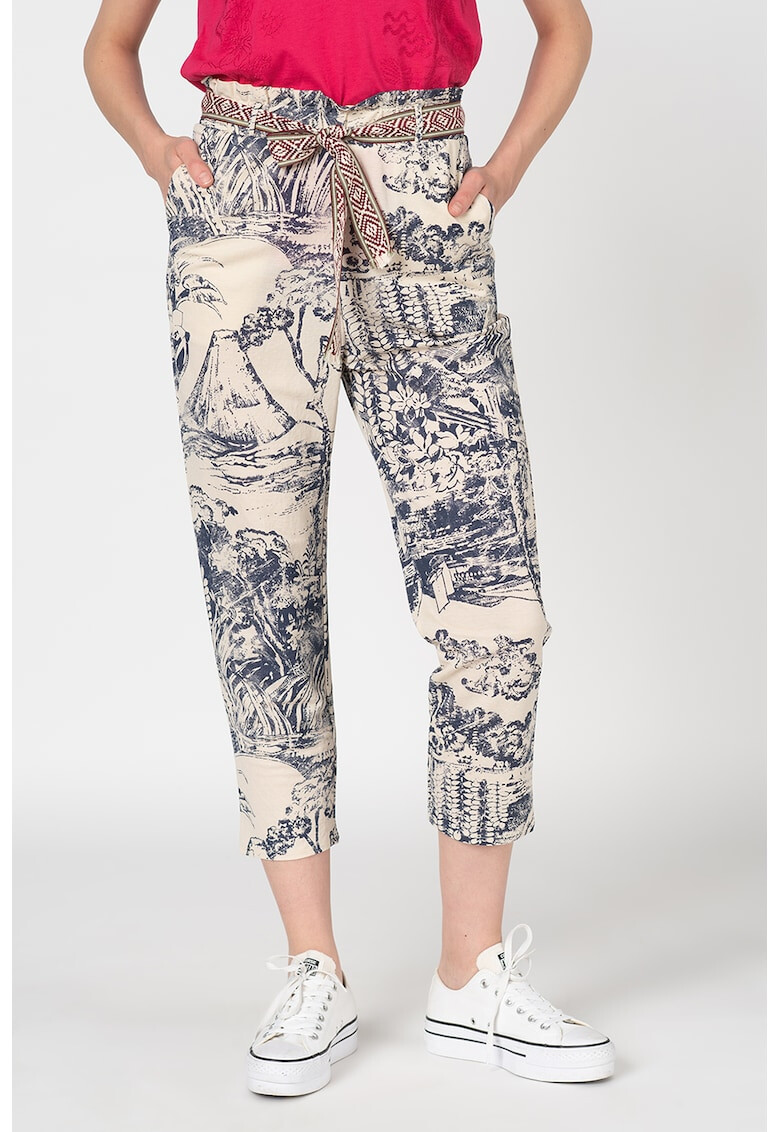 DESIGUAL Pantaloni conici cu model tropical si cordon - Pled.ro