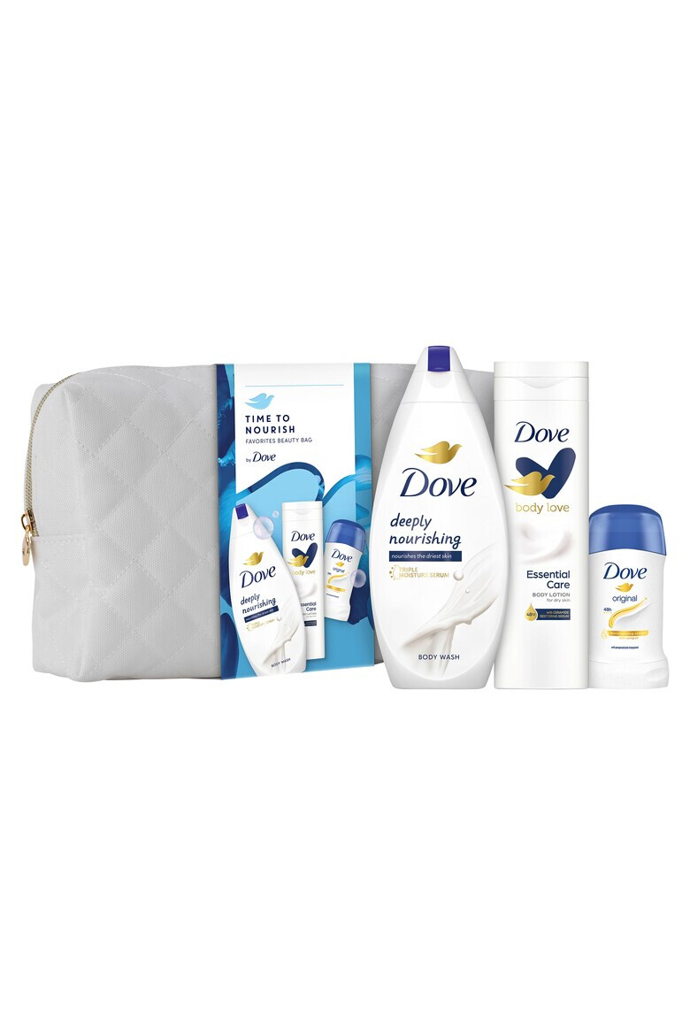 Dove Set cadou : Gel de dus Deeply Nourishing 250ml + deodorant stick Original 50ml + lotiune de corp Essential Care 250ml + geanta cadou - Pled.ro