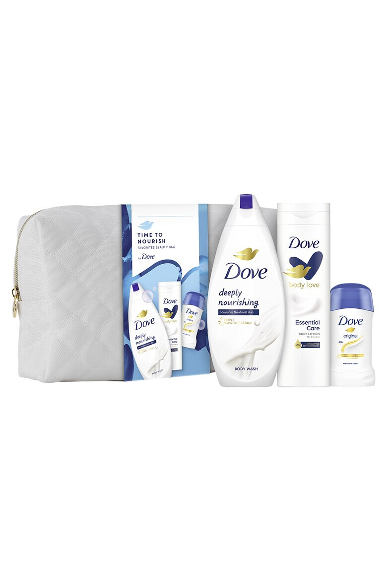 Dove Set cadou : Gel de dus Deeply Nourishing 250ml + deodorant stick Original 50ml + lotiune de corp Essential Care 250ml + geanta cadou - Pled.ro