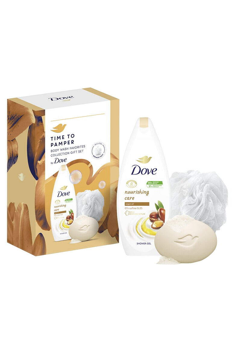 Dove Set cadou : Gel de dus Nourishing Care 250ml + sapun solid Shea Butter 90G + burete de baie - Pled.ro