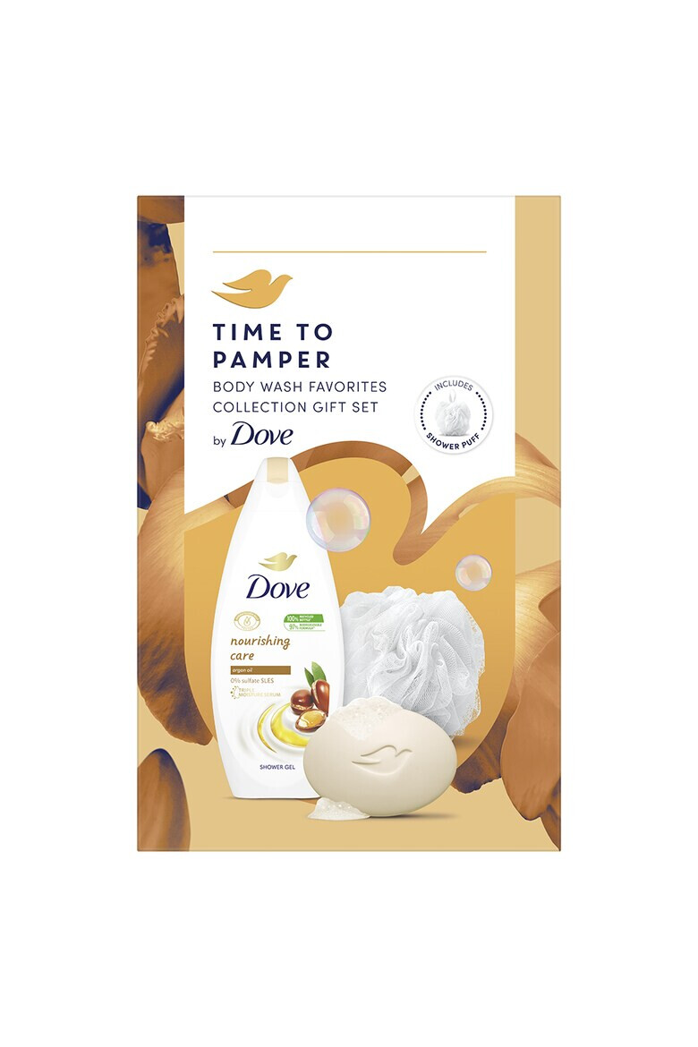 Dove Set cadou : Gel de dus Nourishing Care 250ml + sapun solid Shea Butter 90G + burete de baie - Pled.ro