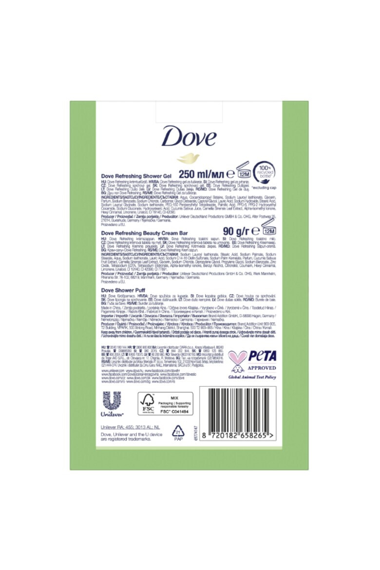 Dove Set cadou : Gel de dus Refreshing 250 ml + sapun solid Refreshing 90 g + burete de baie - Pled.ro