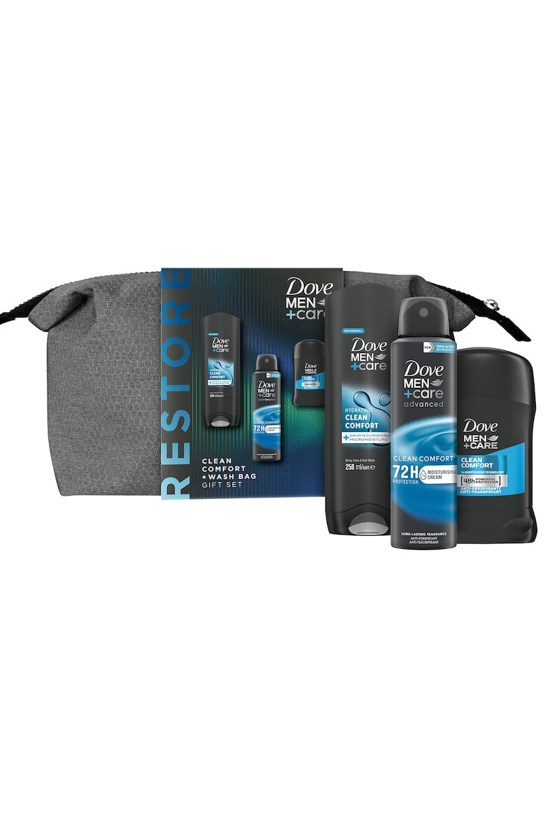 Dove Set cadou Men+Care Clean Comfort: Gel de dus Men+Care Clean Comfort 250 ml + deodorant Men+Care Clean Comfort 150 ml +deodorant Men+Care stick Clean Comfort + geanta cadou - Pled.ro